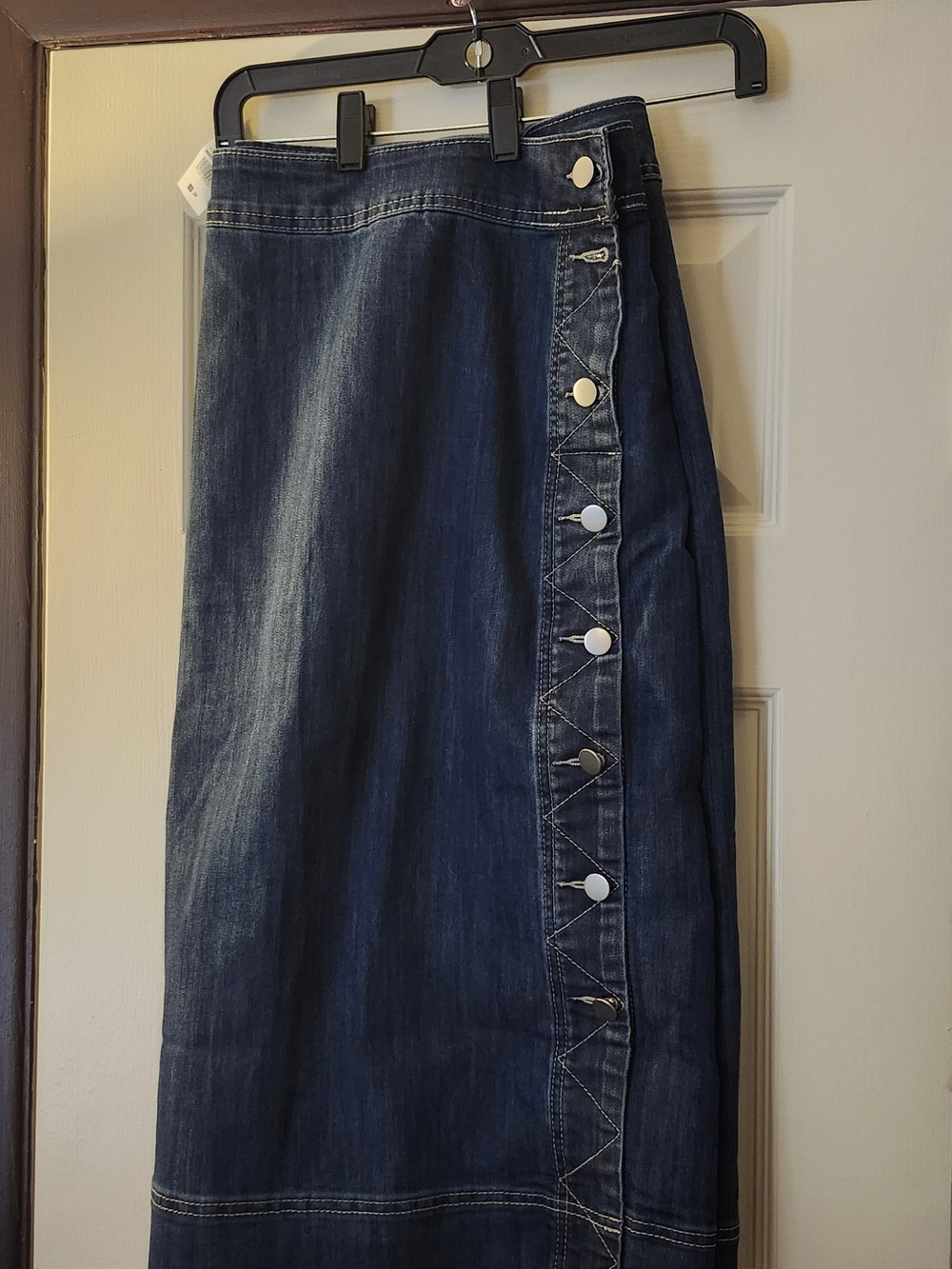 Ashley Stewart Dark Blue Denim Midi Skirt with Side Button Trim
